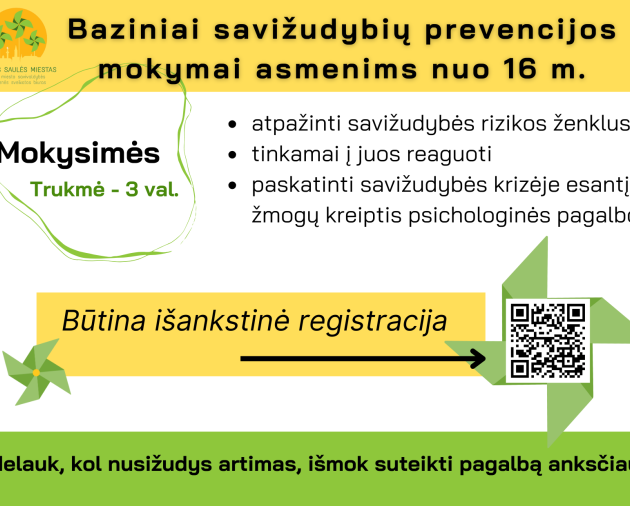 Organizuojami Baziniai savižudybių prevencijos mokymai Šiaulių miesto gyventojams!