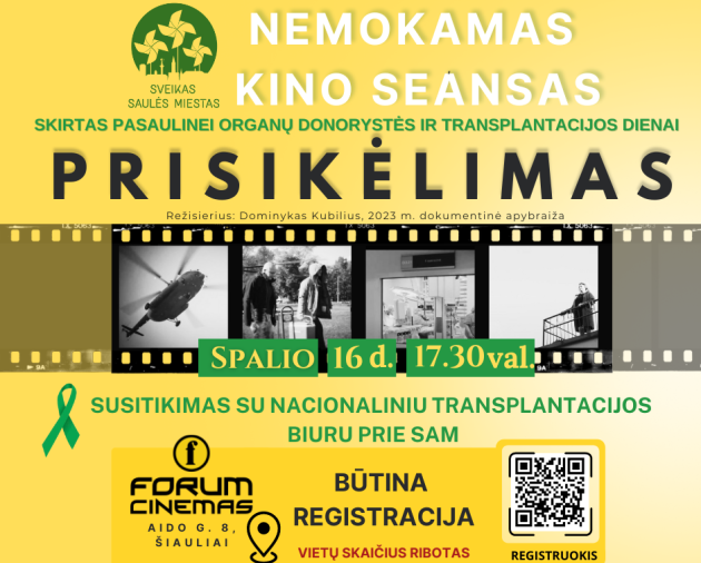 Nemokamas kino seansas, skirtas Pasaulinei organų donorystės ir transplantacijos dienai