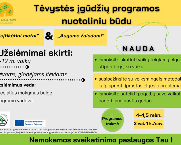 Kviečiame registruotis į tėvystės įgūdžių programas 3-12 m. vaikų tėvams (globėjams)